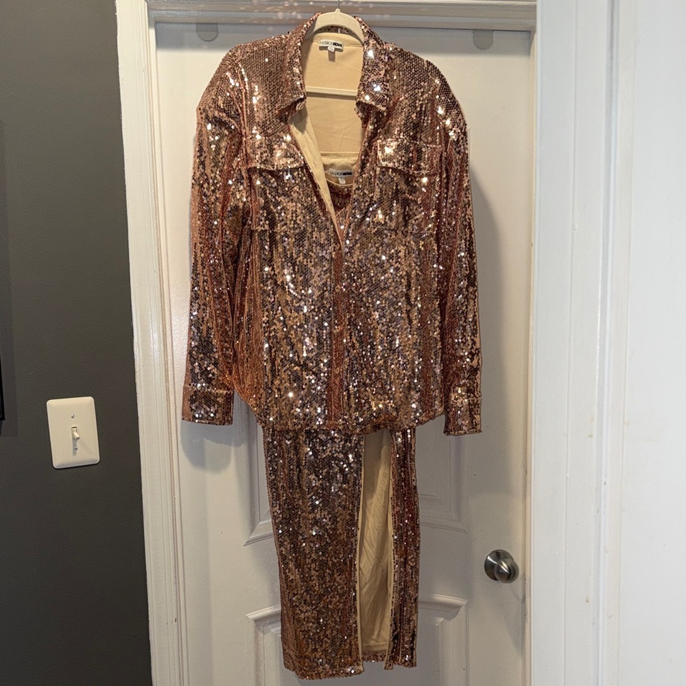 Fashion Nova Rose Gold Sequin Skirt Set